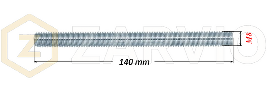 M8 x 140mm Steel Threaded Bars Metric Studding Rods with 2 Nuts & 2 Washers