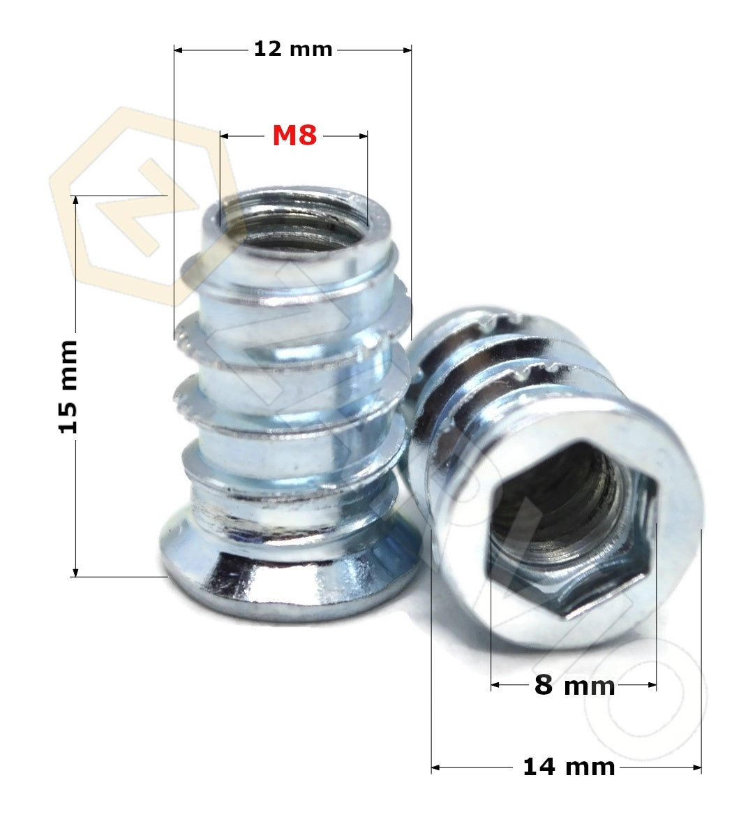 M8 x 15mm Hex Socket Flanged Wood Insert Nut Type B Zinc Plated
