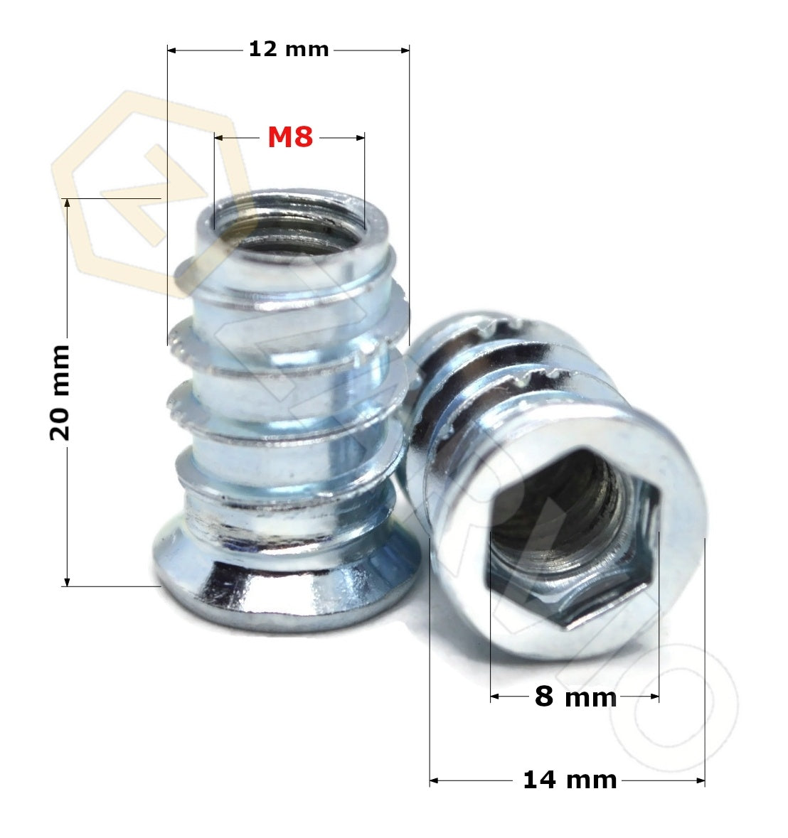M8 x 20mm Hex Socket Flanged Wood Insert Nut Type B Zinc Plated