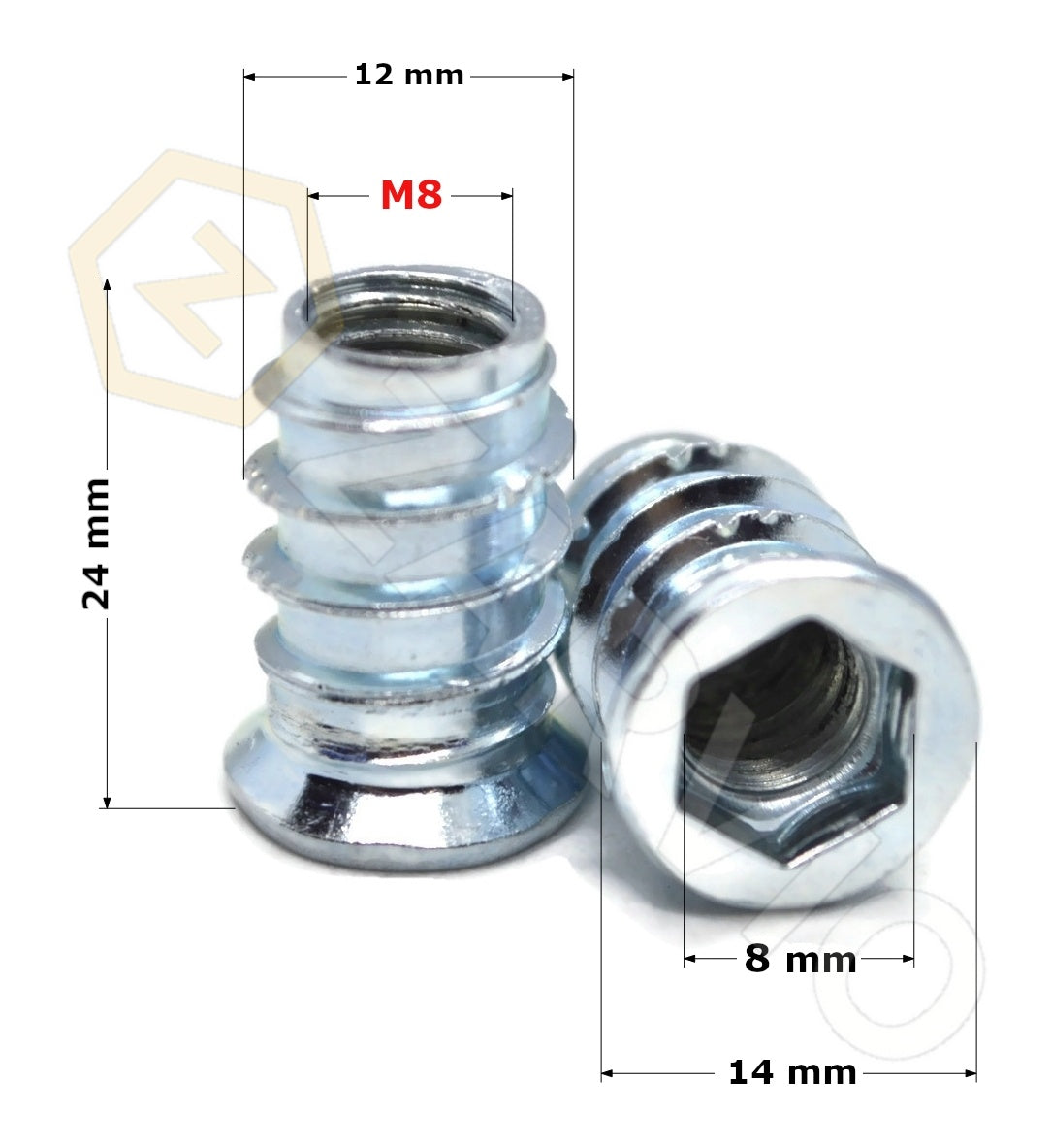 M8 x 24mm Hex Socket Flanged Wood Insert Nut Type B Zinc Plated