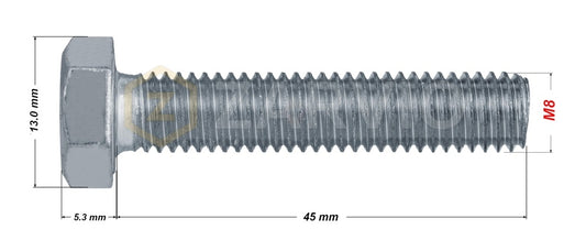 M8 x 45mm Hexagon Set Screw Kit (DIN 933) + Hex Nut (DIN 934) + 2 Washers (DIN 125) – Zinc Plated