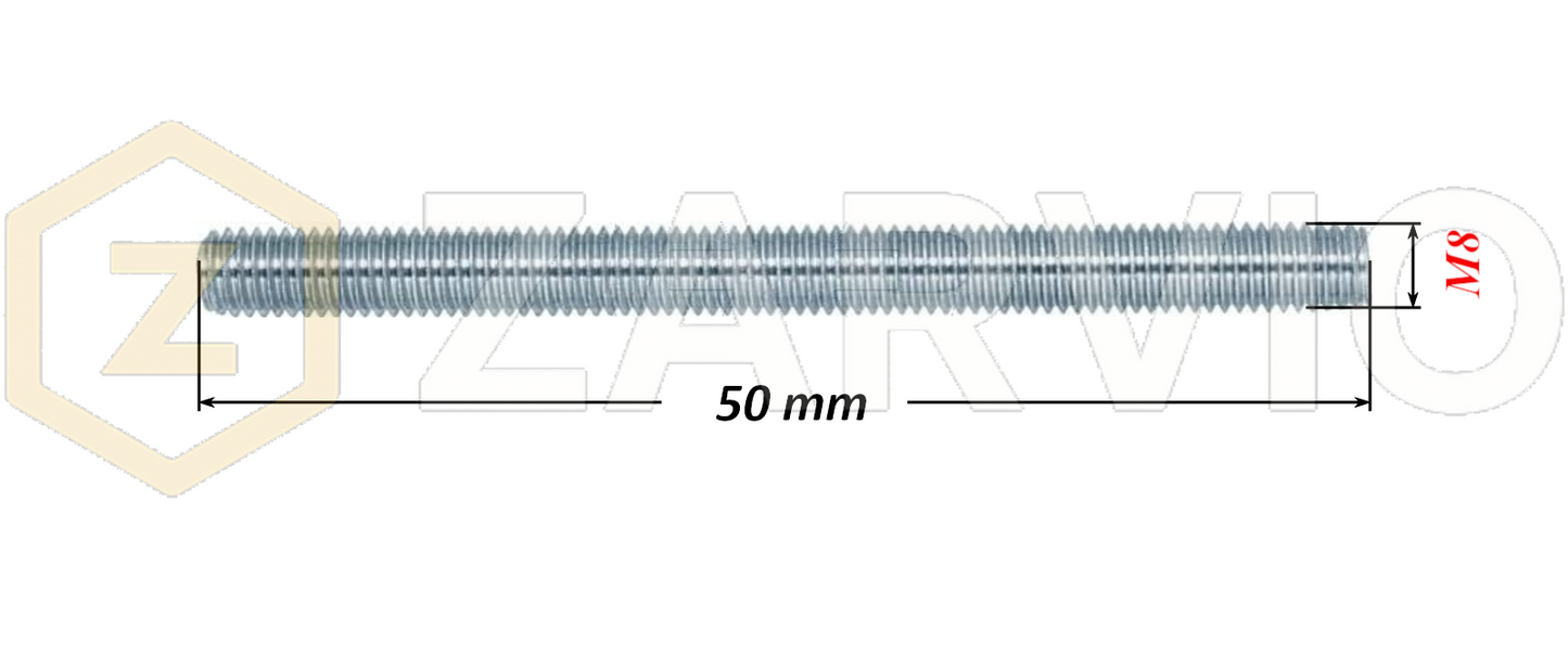 M8 x 50mm Steel Threaded Bars Metric Studding Rods with 2 Nuts & 2 Washers