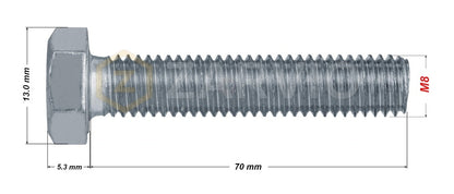 M8 x 70mm Hex Head Bolt Set (DIN 933) + Nylon Lock Nut (DIN 985) + 2 Washers (DIN 125) – Zinc Plated