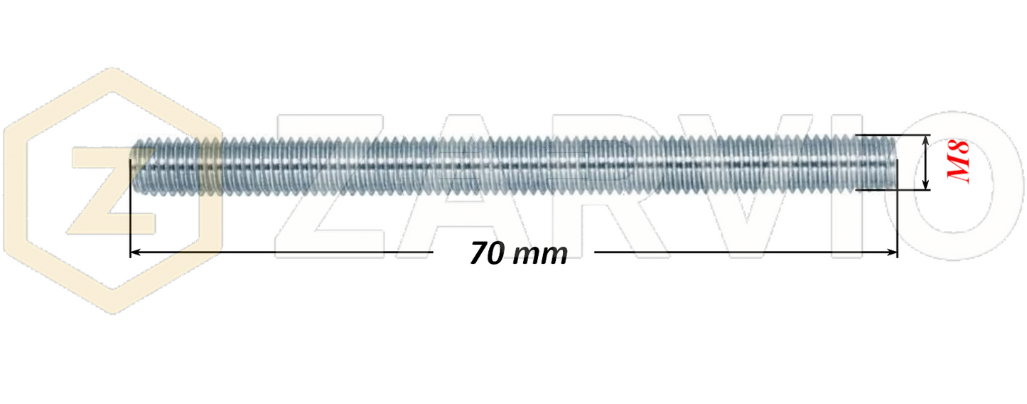 M8 x 70mm Steel Threaded Bars Metric Studding Rods with 2 Nuts & 2 Washers