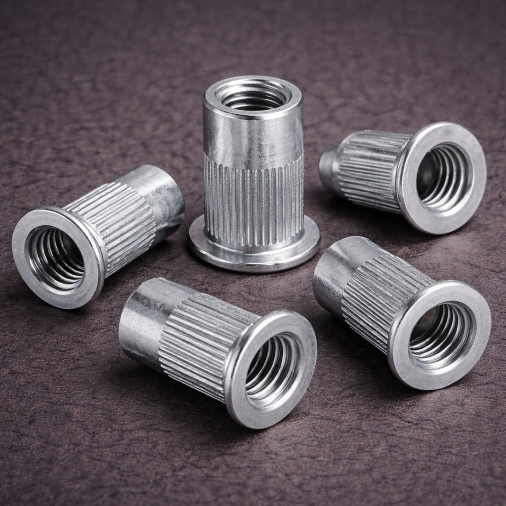 M10 x 24mm Steel Rivet Nut Flat Flange Knurled Open Type Zinc Plated